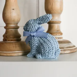 Blue Woven Wicker Bunny with Bow | Sitting