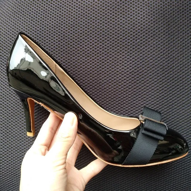 Bowknot Classic Black Patent Leather High Heels Shoes Woman Pumps Basic 2021 Bowknot Work Shoes Fashion Party Sexy Women Shoes