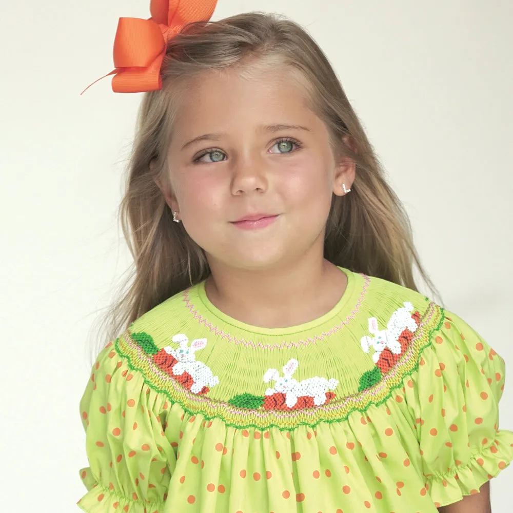 Bunnies & Carrots Apple Green Orange Dotted Smocked Bishop