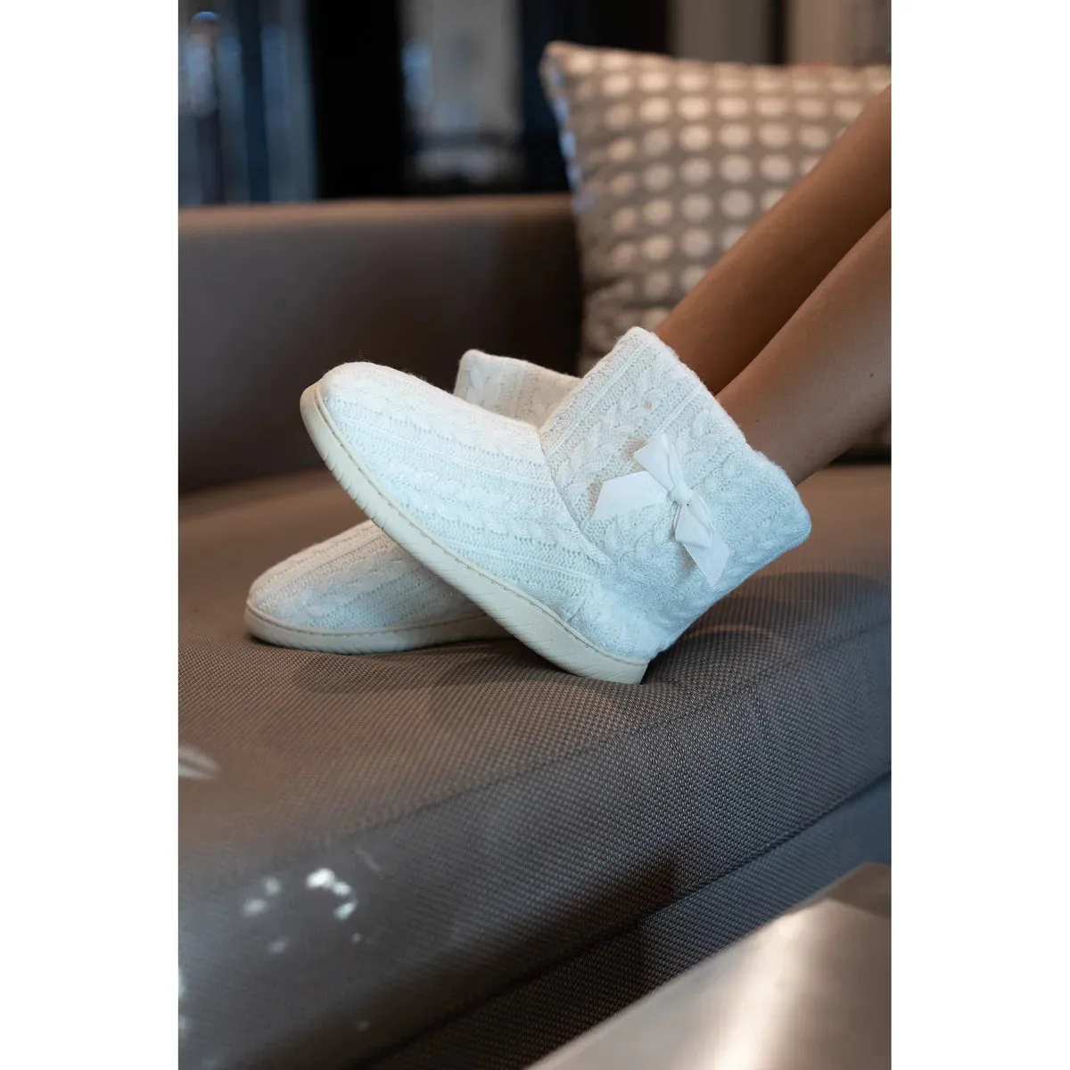 Cable Knit Plush Bootie Slippers | Cream