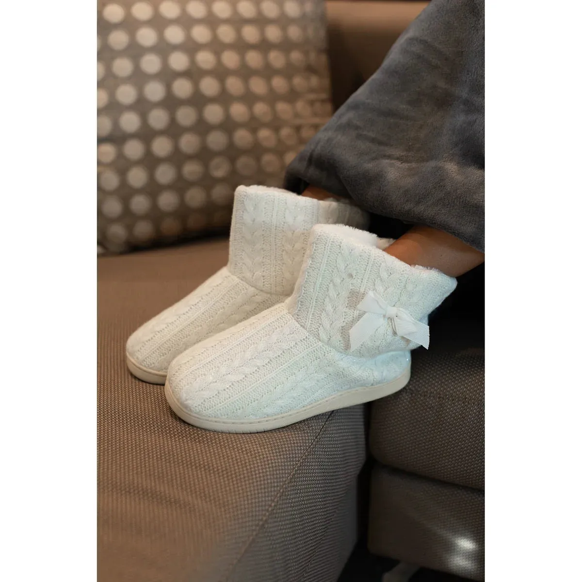 Cable Knit Plush Bootie Slippers | Cream
