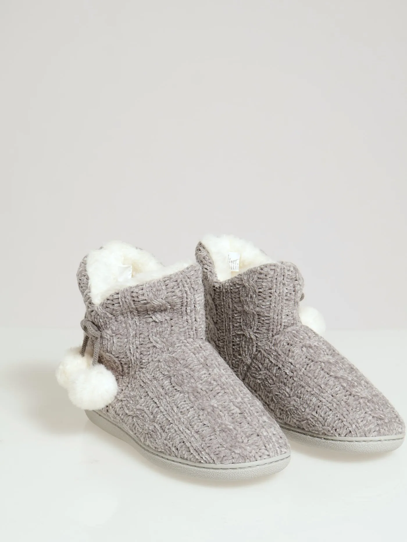 Cable Knit Slipper Bootie With Pompoms - Grey