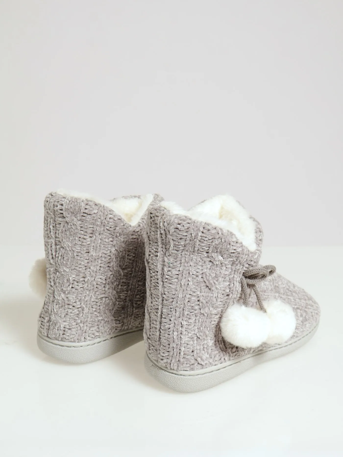 Cable Knit Slipper Bootie With Pompoms - Grey