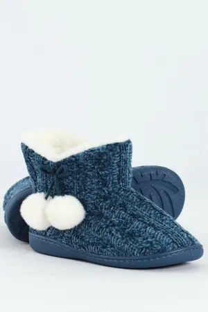 Cable Knit Slipper Bootie With Pompoms - Teal