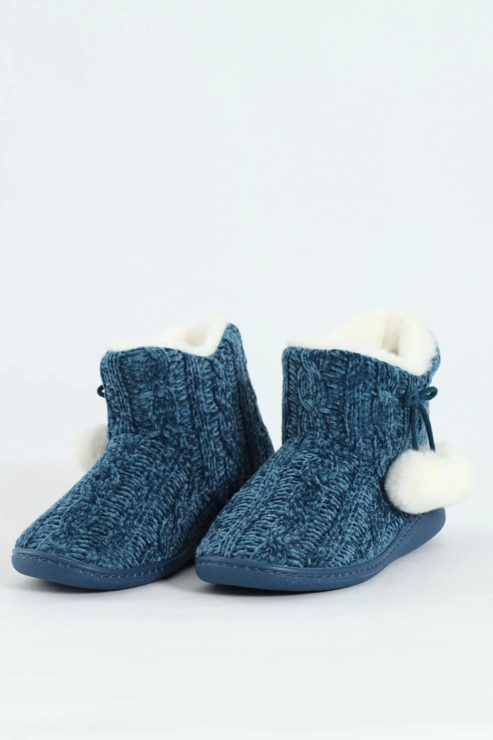 Cable Knit Slipper Bootie With Pompoms - Teal