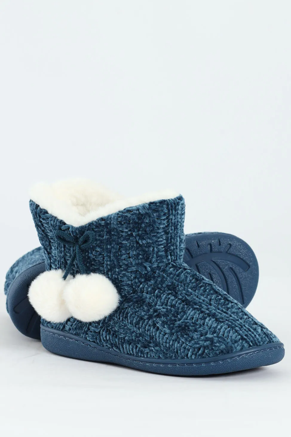 Cable Knit Slipper Bootie With Pompoms - Teal