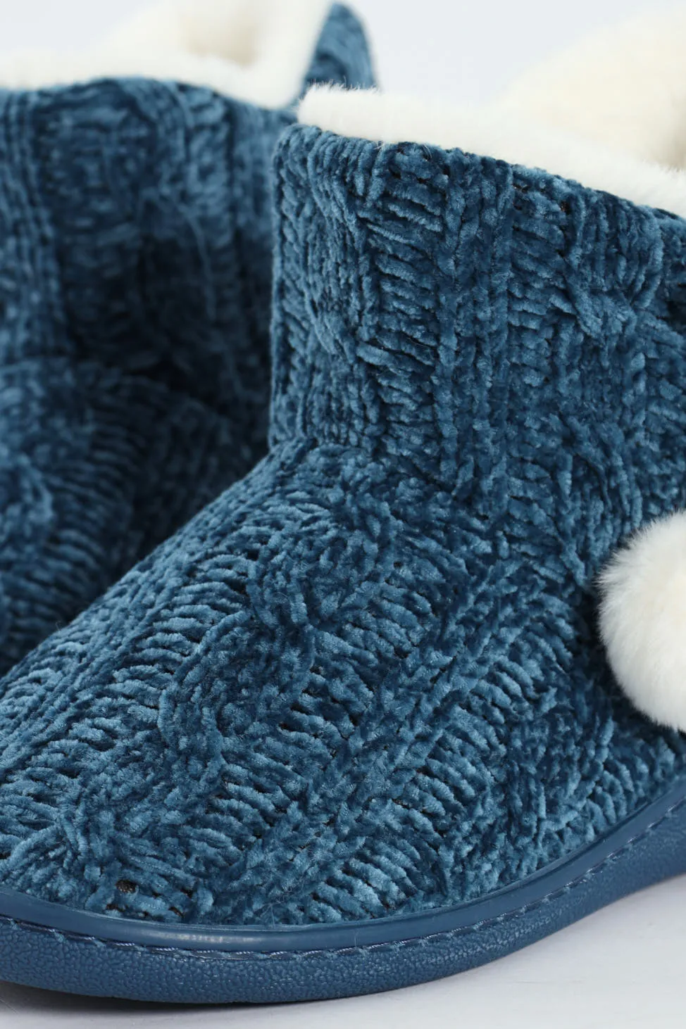 Cable Knit Slipper Bootie With Pompoms - Teal