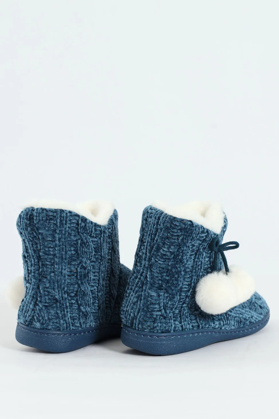 Cable Knit Slipper Bootie With Pompoms - Teal