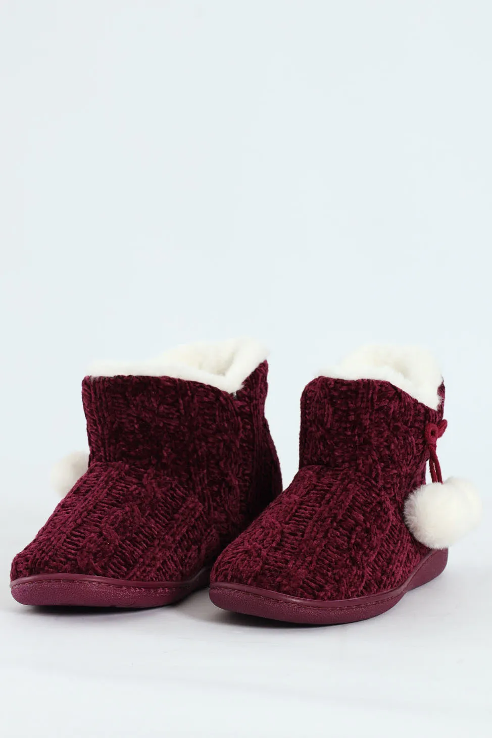 Cable Knit Slipper Bootie With Pompoms