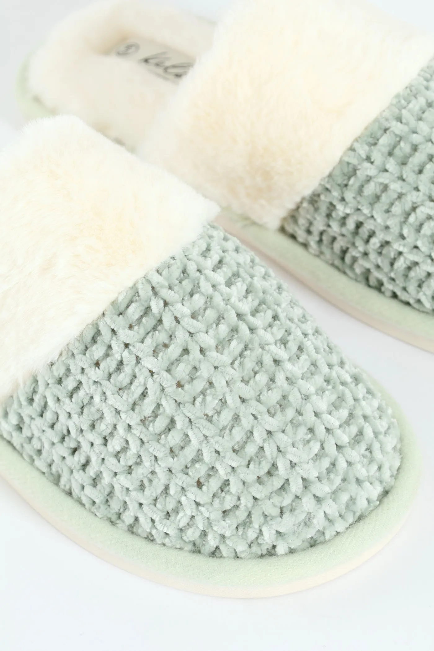 Chenille Closed Toe Slipper With Fur Topline - Sage