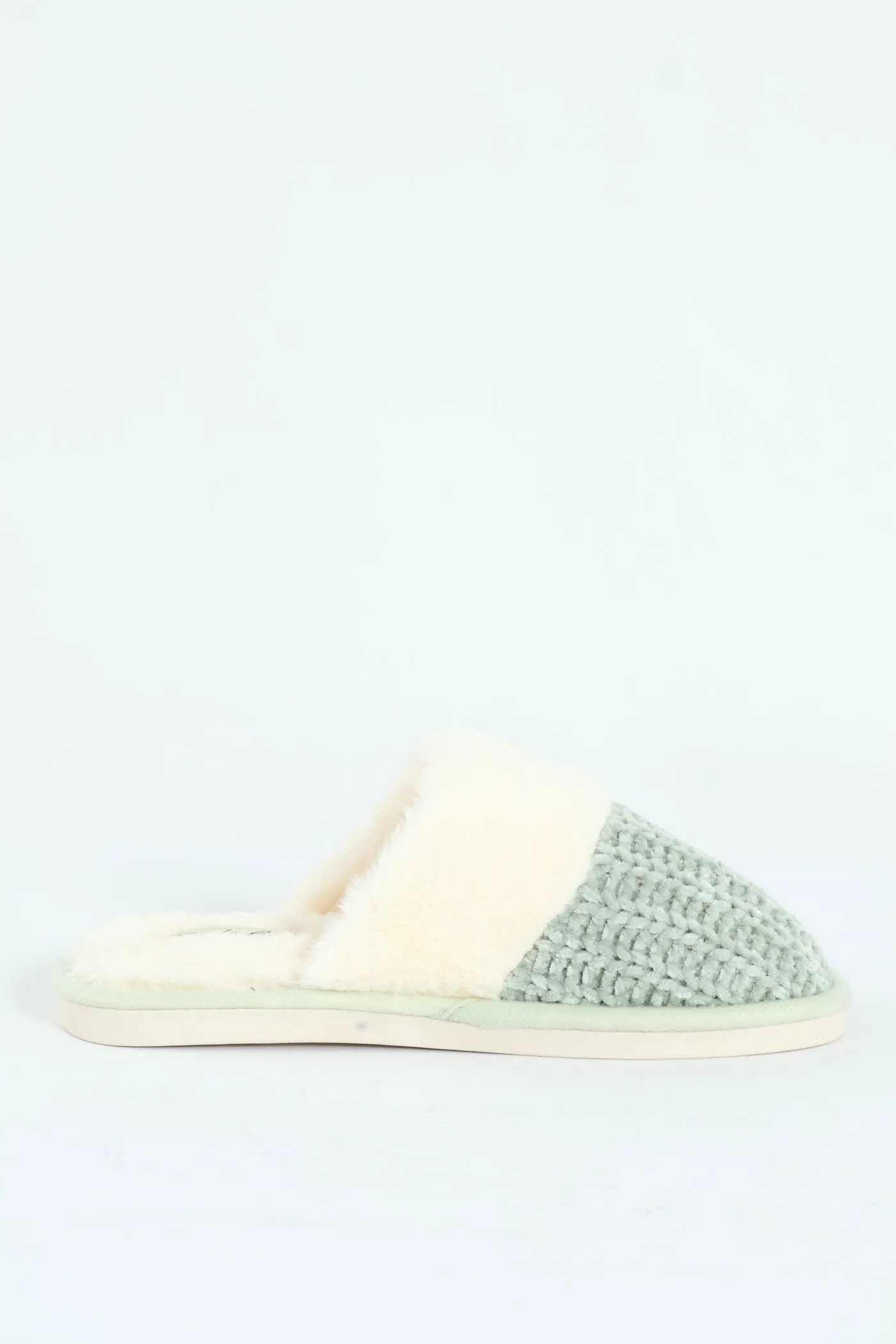 Chenille Closed Toe Slipper With Fur Topline - Sage
