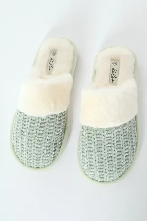 Chenille Closed Toe Slipper With Fur Topline - Sage