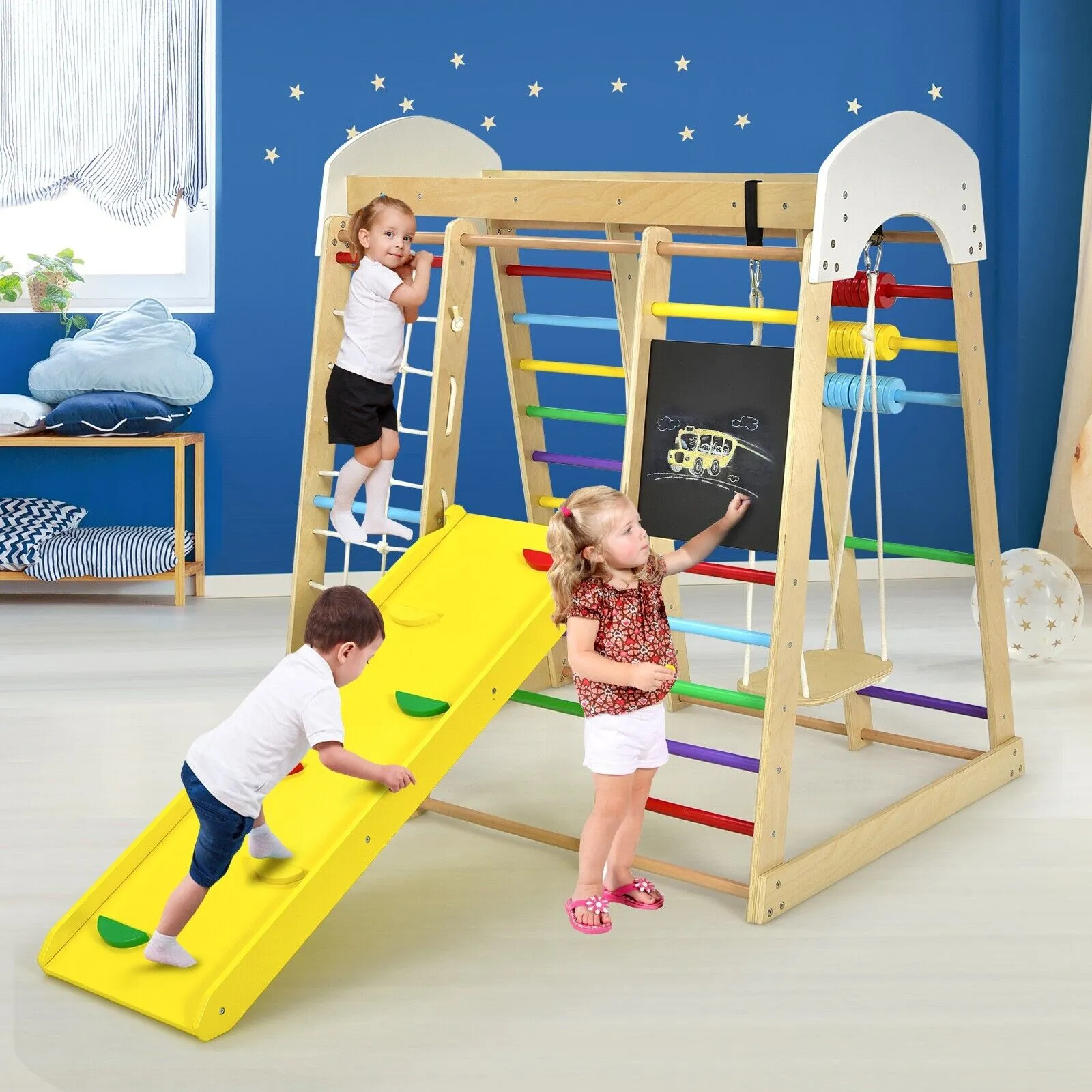 Children's 8-in-1 Eco Wood Montessori Climbing Gym with Swing | Slide | Climbing Wall | Monkey Bars & More | 3 Years 