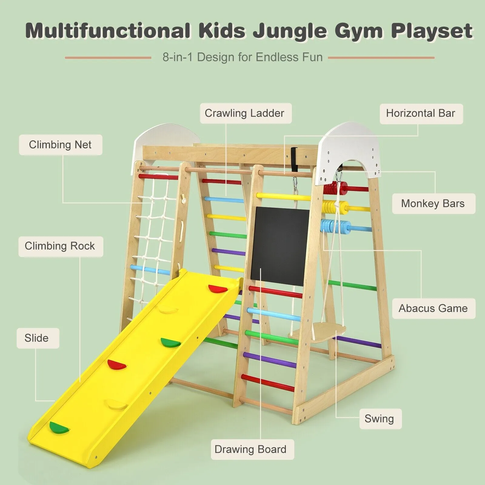 Children's 8-in-1 Eco Wood Montessori Climbing Gym with Swing | Slide | Climbing Wall | Monkey Bars & More | 3 Years 