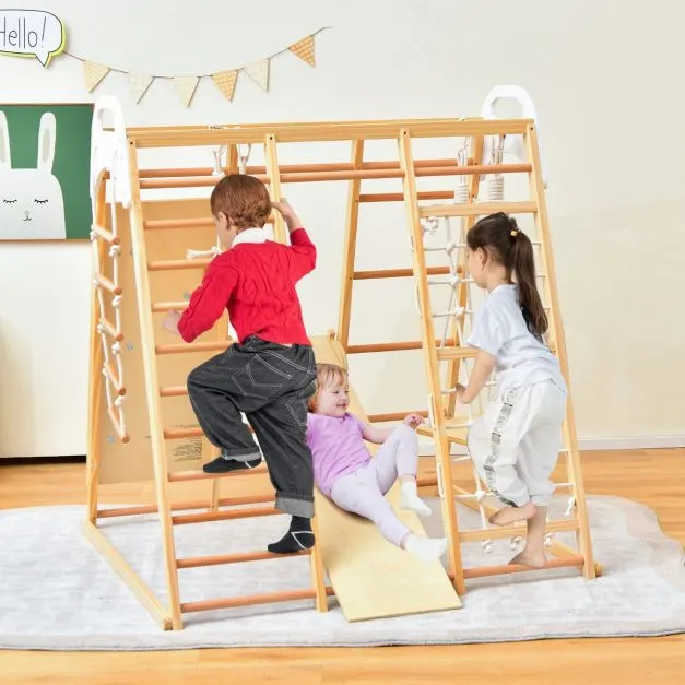 Children's 8-in-1 Eco Wood Montessori Climbing Gym with Swing | Slide | Climbing Wall | Monkey Bars | Natural | 3 Years 