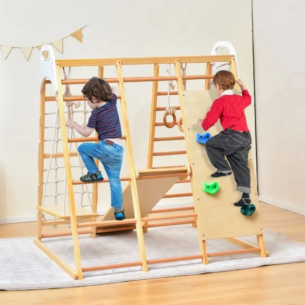 Children's 8-in-1 Eco Wood Montessori Climbing Gym with Swing | Slide | Climbing Wall | Monkey Bars | Natural | 3 Years 