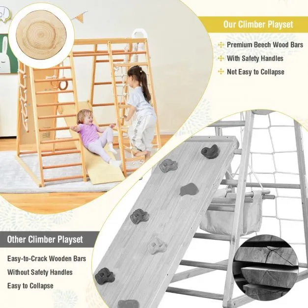 Children's 8-in-1 Eco Wood Montessori Climbing Gym with Swing | Slide | Climbing Wall | Monkey Bars | Natural | 3 Years 