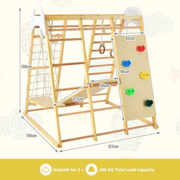 Children's 8-in-1 Eco Wood Montessori Climbing Gym with Swing | Slide | Climbing Wall | Monkey Bars | Natural | 3 Years 
