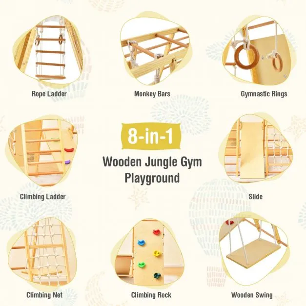 Children's 8-in-1 Eco Wood Montessori Climbing Gym with Swing | Slide | Climbing Wall | Monkey Bars | Natural | 3 Years 