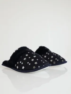 Closed Toe Star Slipper With Fur Trim - Navy