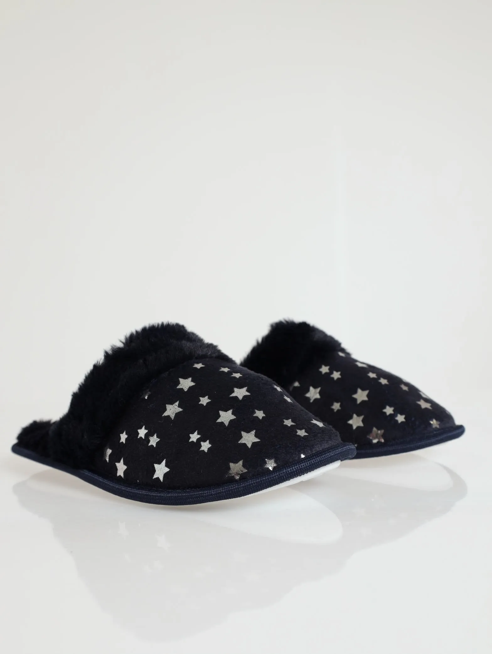 Closed Toe Star Slipper With Fur Trim - Navy