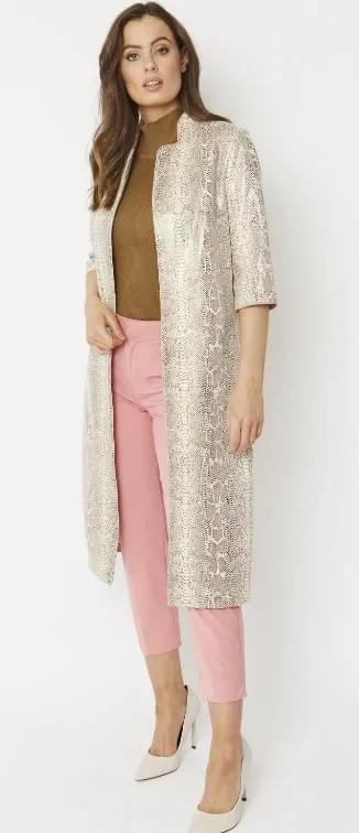 Cream Snake Print Longline Faux Suede Jacket
