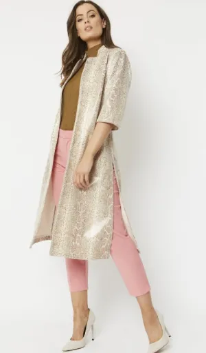 Cream Snake Print Longline Faux Suede Jacket