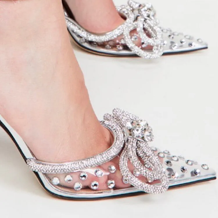 Crystals Bows PVC Pointed Toe Heels Slippers