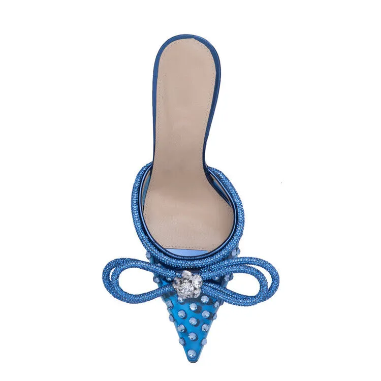 Crystals Bows PVC Pointed Toe Heels Slippers