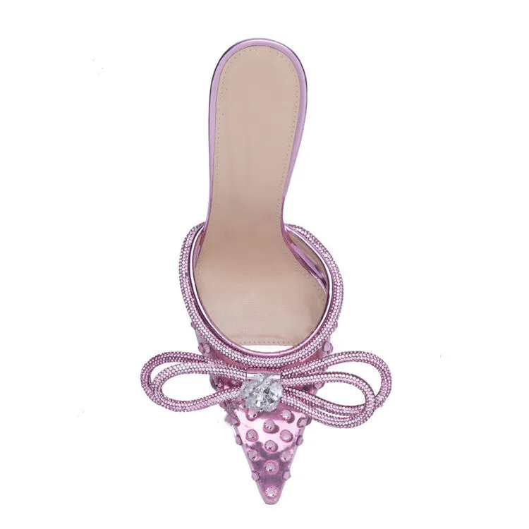 Crystals Bows PVC Pointed Toe Heels Slippers