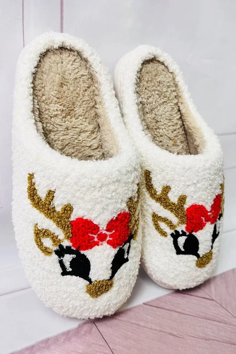 Cute Reindeer White Plush Slippers