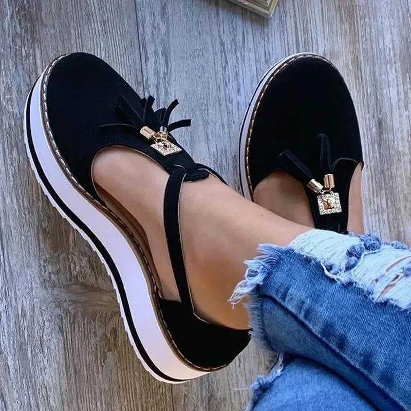 Damen Fransen Plattform Mary Jane Flat Schuhe