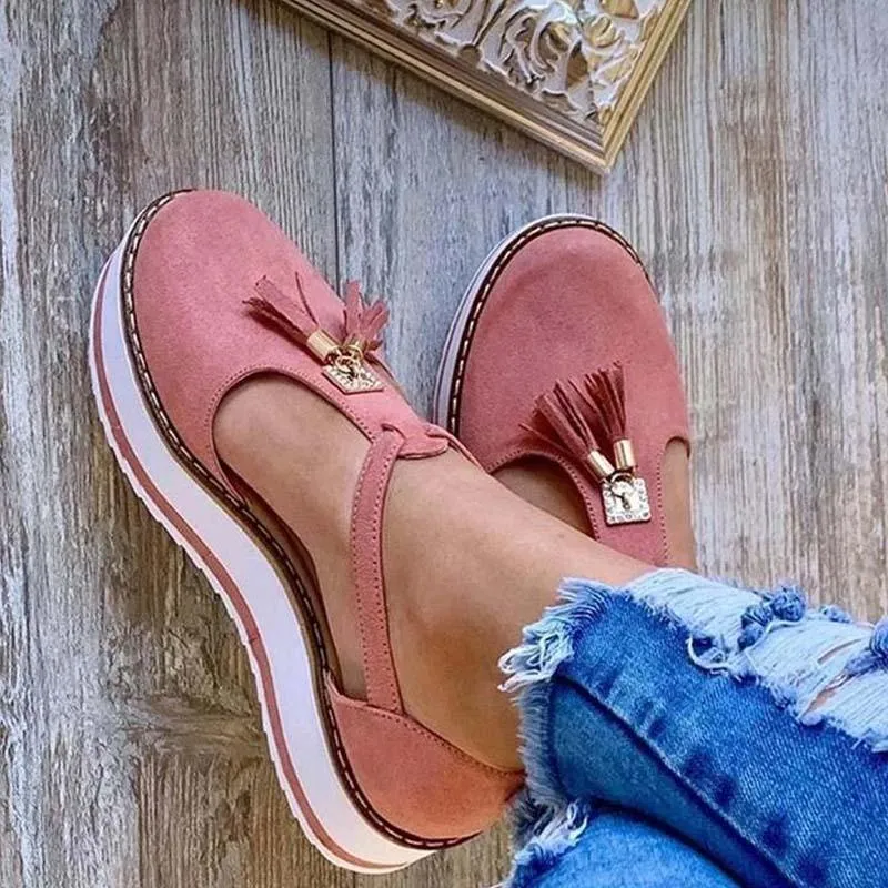 Damen Fransen Plattform Mary Jane Flat Schuhe