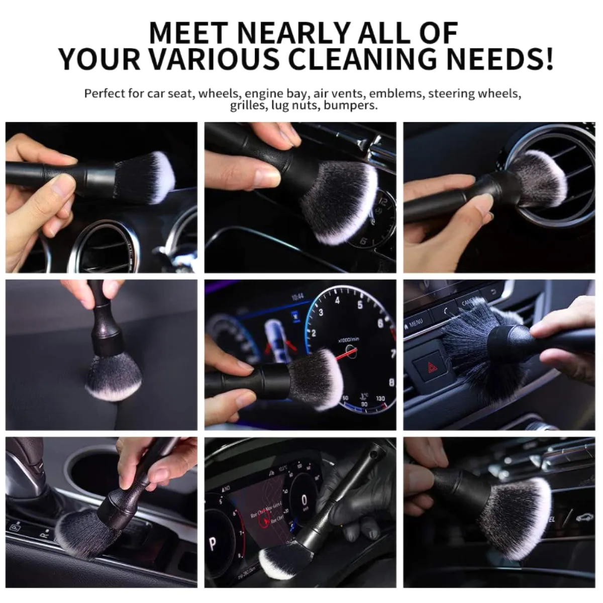 Duety 3pcs Car Detailing Brushes Set Soft Auto Detailing Brush Kit Interchangeable Different Sized Car Detail Cleaning Tool Reusable Car Detailing Brush for Car Interior Exterior Wheels