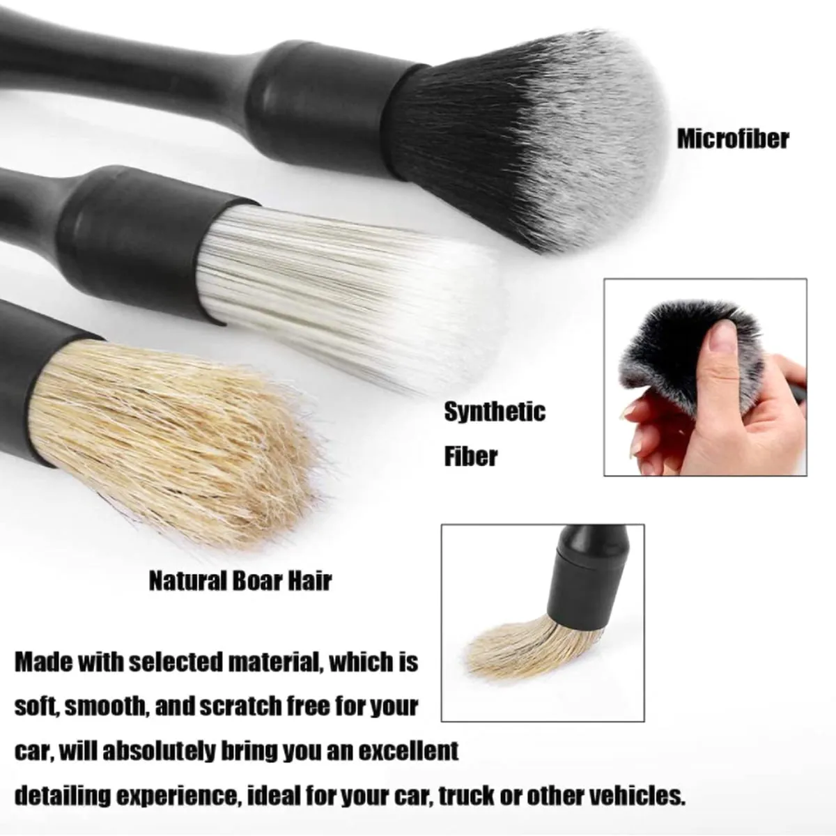 Duety 3pcs Car Detailing Brushes Set Soft Auto Detailing Brush Kit Interchangeable Different Sized Car Detail Cleaning Tool Reusable Car Detailing Brush for Car Interior Exterior Wheels
