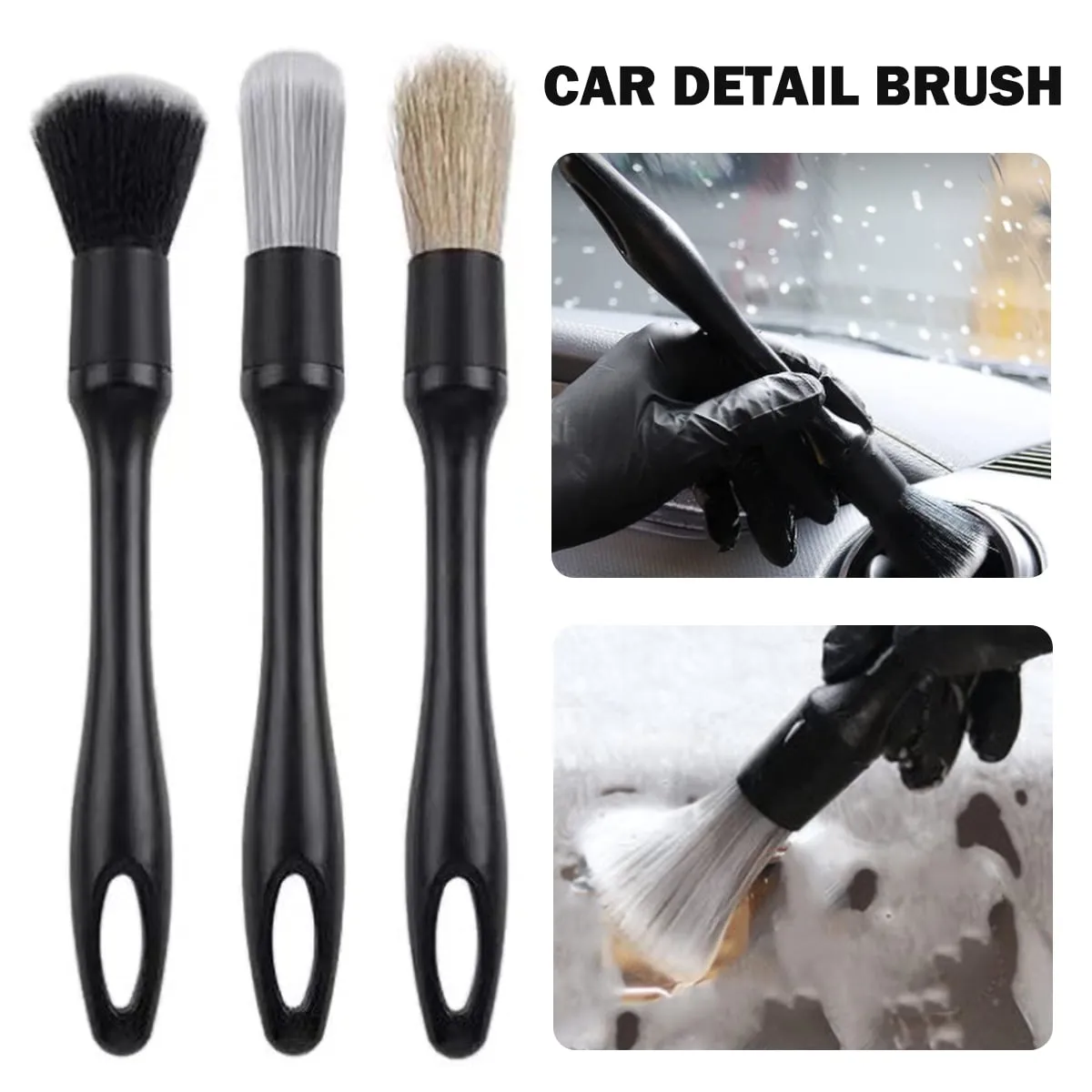 Duety 3pcs Car Detailing Brushes Set Soft Auto Detailing Brush Kit Interchangeable Different Sized Car Detail Cleaning Tool Reusable Car Detailing Brush for Car Interior Exterior Wheels