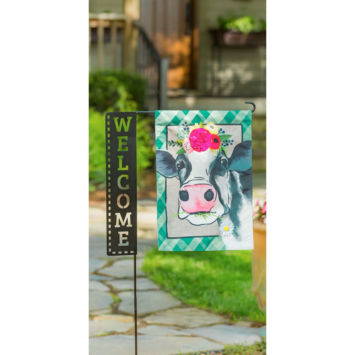 Floral Crowned Cow Garden Linen Flag,14l9630