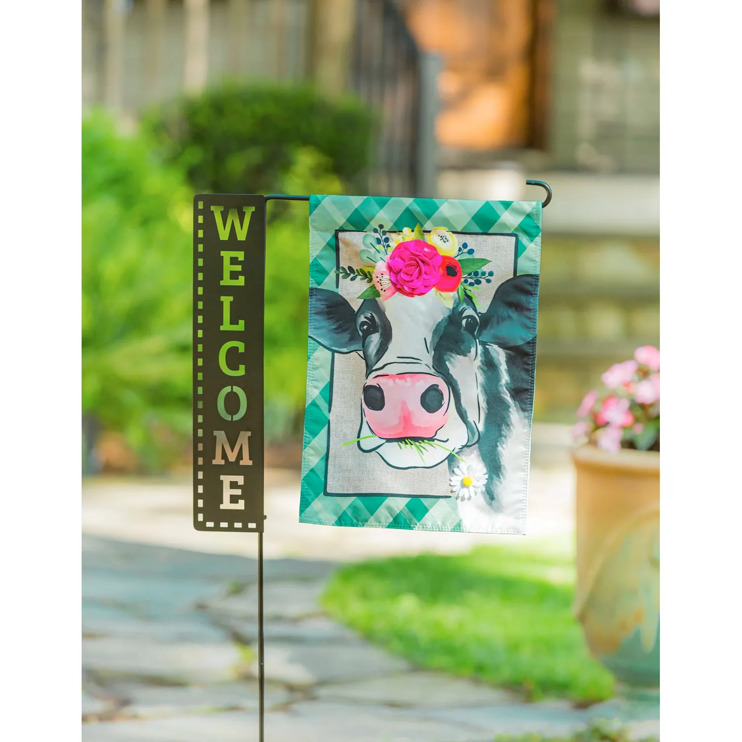 Floral Crowned Cow Garden Linen Flag,14l9630