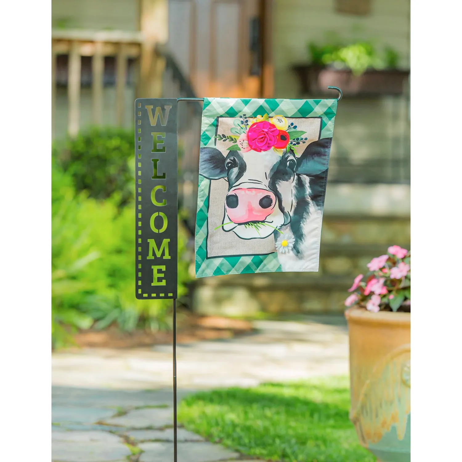 Floral Crowned Cow Garden Linen Flag,14l9630
