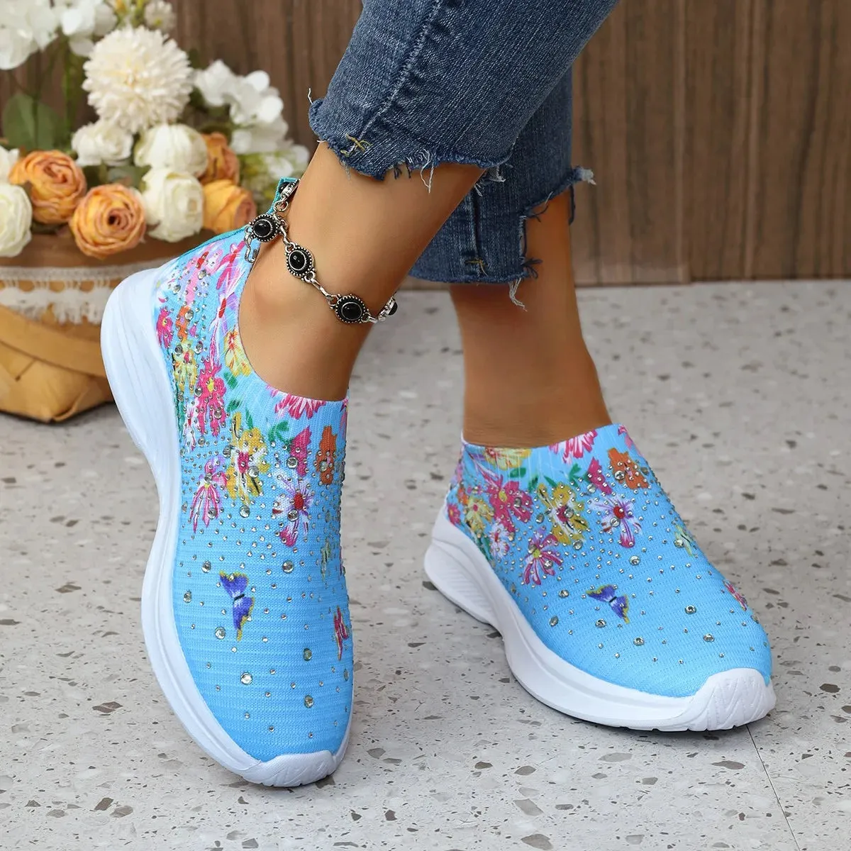Flower Print Knitted Sneakers Women Shiny Crystal Breathable Walking Shoes Woman Plus Size 43 Casual Non-Slip Sock Shoes Ladies