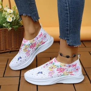 Flower Print Knitted Sneakers Women Shiny Crystal Breathable Walking Shoes Woman Plus Size 43 Casual Non-Slip Sock Shoes Ladies