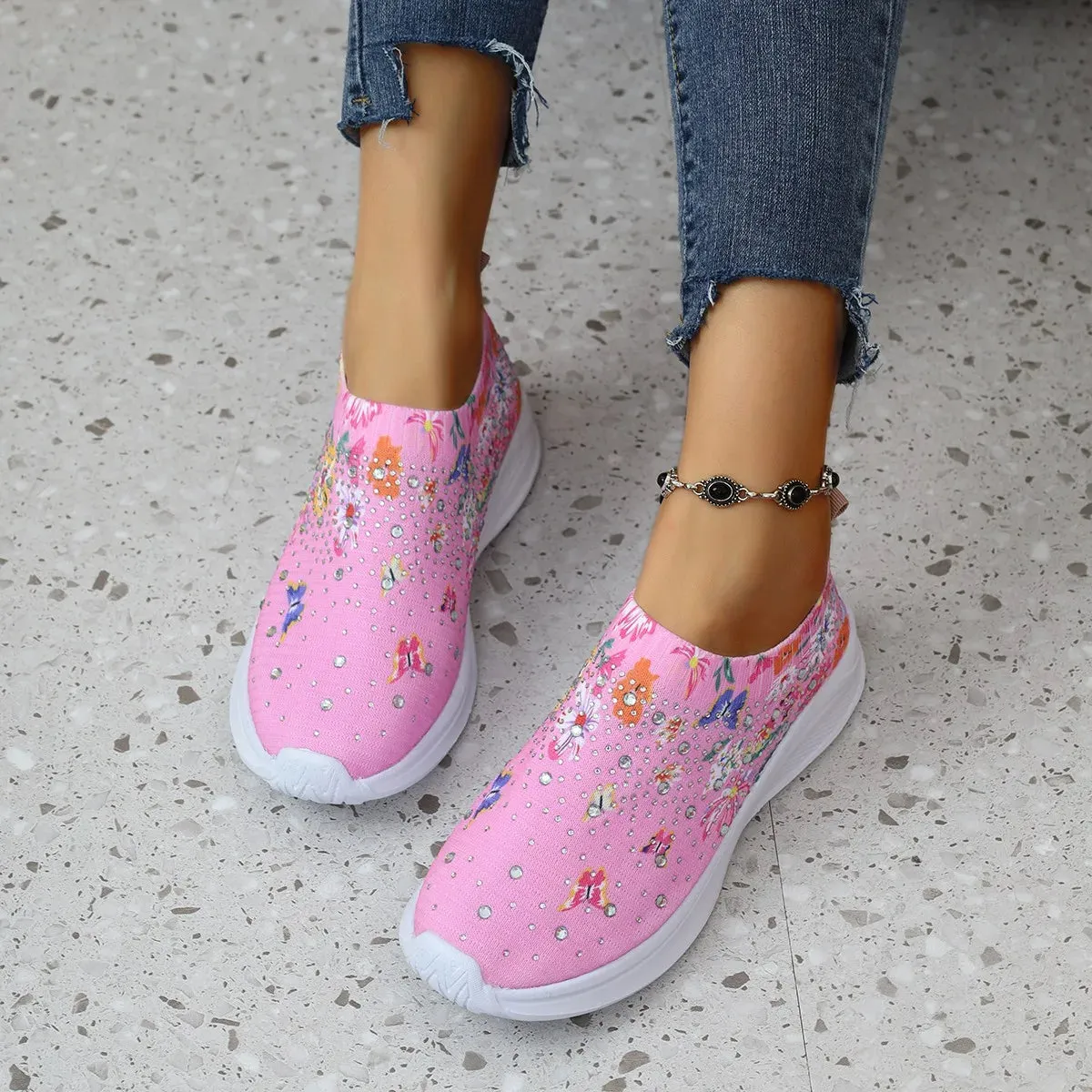 Flower Print Knitted Sneakers Women Shiny Crystal Breathable Walking Shoes Woman Plus Size 43 Casual Non-Slip Sock Shoes Ladies