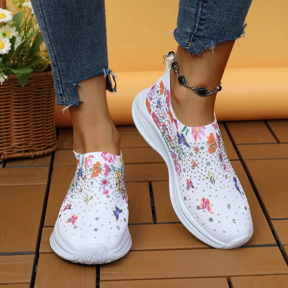 Flower Print Knitted Sneakers Women Shiny Crystal Breathable Walking Shoes Woman Plus Size 43 Casual Non-Slip Sock Shoes Ladies