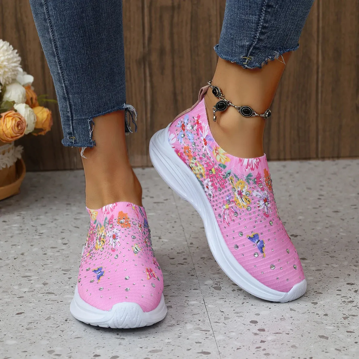 Flower Print Knitted Sneakers Women Shiny Crystal Breathable Walking Shoes Woman Plus Size 43 Casual Non-Slip Sock Shoes Ladies