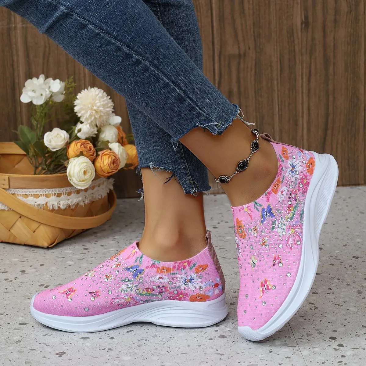 Flower Print Knitted Sneakers Women Shiny Crystal Breathable Walking Shoes Woman Plus Size 43 Casual Non-Slip Sock Shoes Ladies