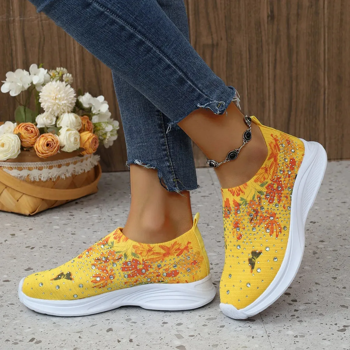 Flower Print Knitted Sneakers Women Shiny Crystal Breathable Walking Shoes Woman Plus Size 43 Casual Non-Slip Sock Shoes Ladies