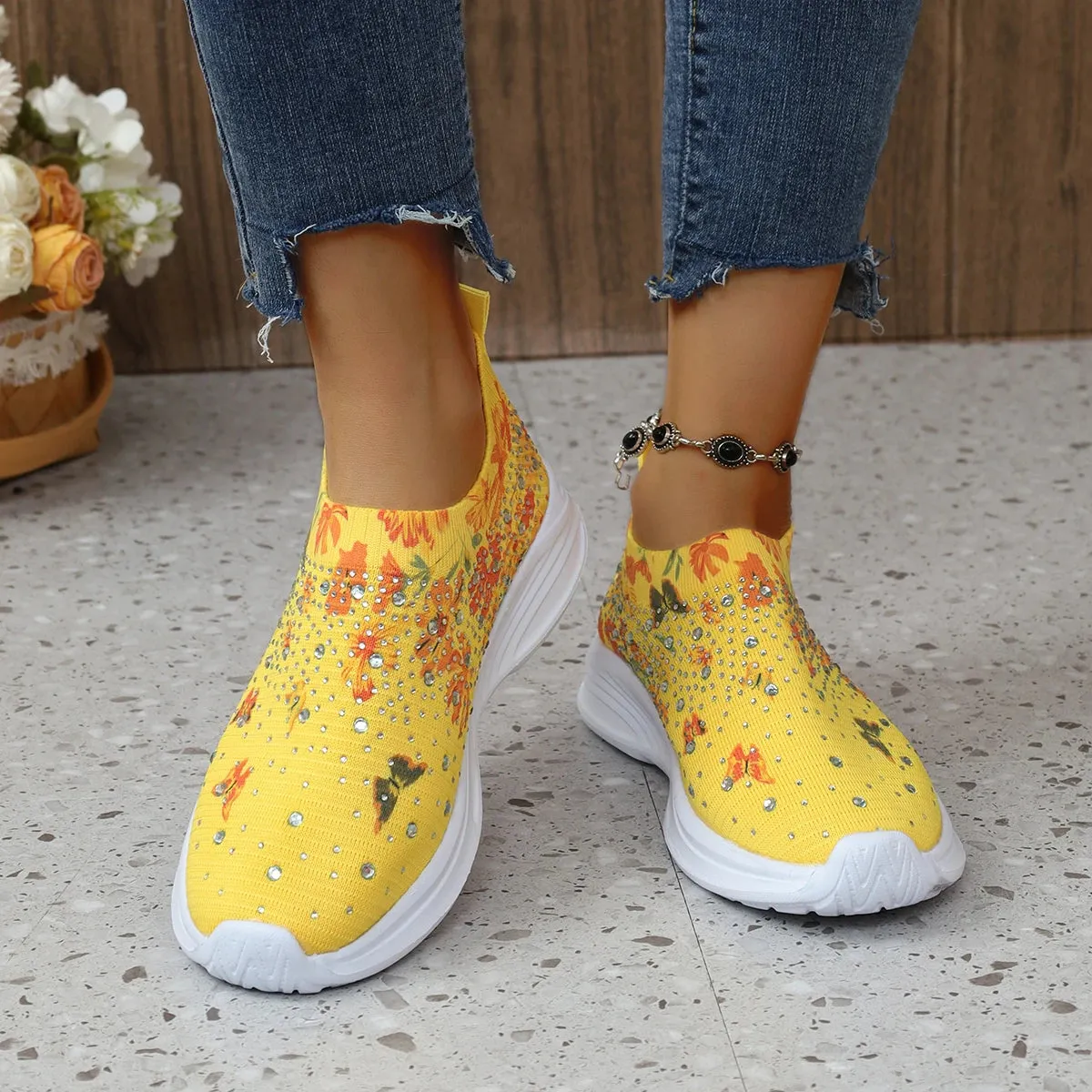 Flower Print Knitted Sneakers Women Shiny Crystal Breathable Walking Shoes Woman Plus Size 43 Casual Non-Slip Sock Shoes Ladies