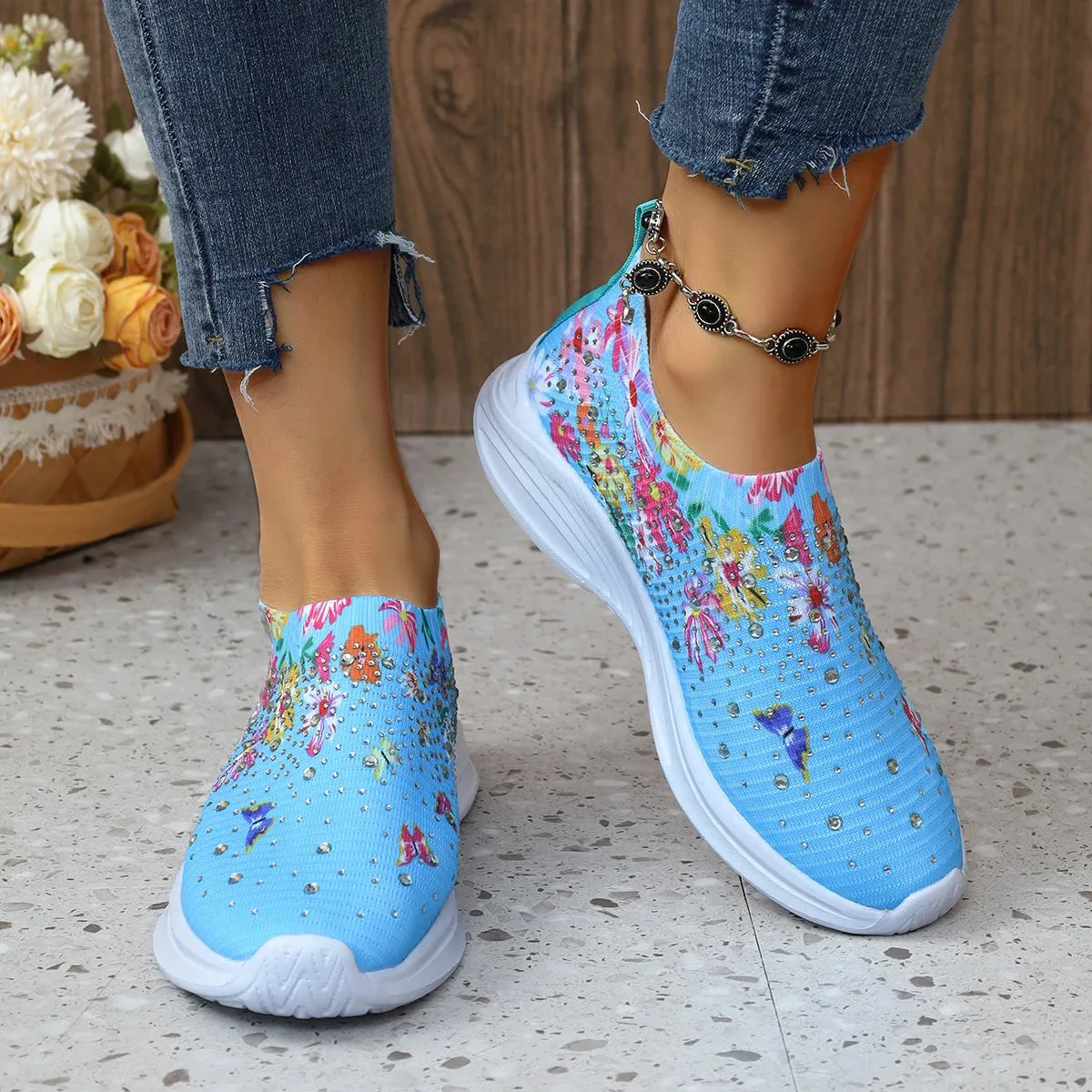 Flower Print Knitted Sneakers Women Shiny Crystal Breathable Walking Shoes Woman Plus Size 43 Casual Non-Slip Sock Shoes Ladies