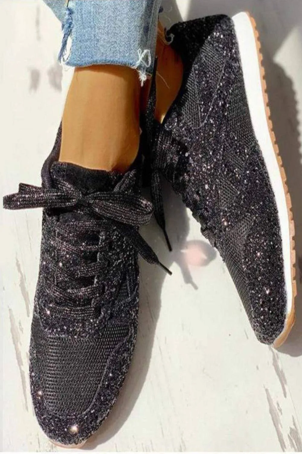 Glitter Me Up Flat Sparkly Lace Up Sneakers