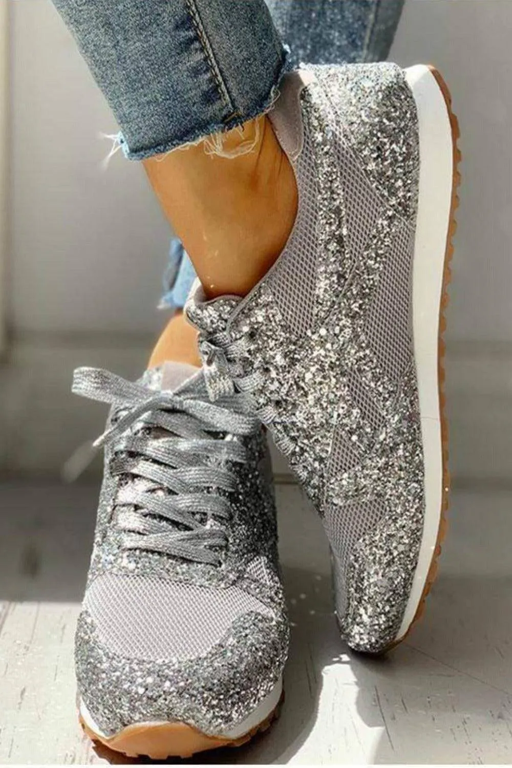 Glitter Me Up Flat Sparkly Lace Up Sneakers